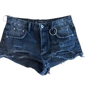 Zara Jean Shorts Size 4 Womens Black Wash Denim Destroyed Metal Hoops‎